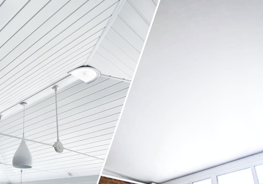 Conservatory Roof Insulated Ceiling: ribbed and premium plain finish next to each other